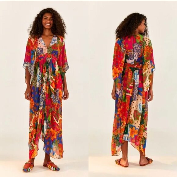 FARM Rio Pink Orange Blue Sunny Mix Print Patchwork Sheer Asymmetric Maxi Dress - Picture 1 of 8